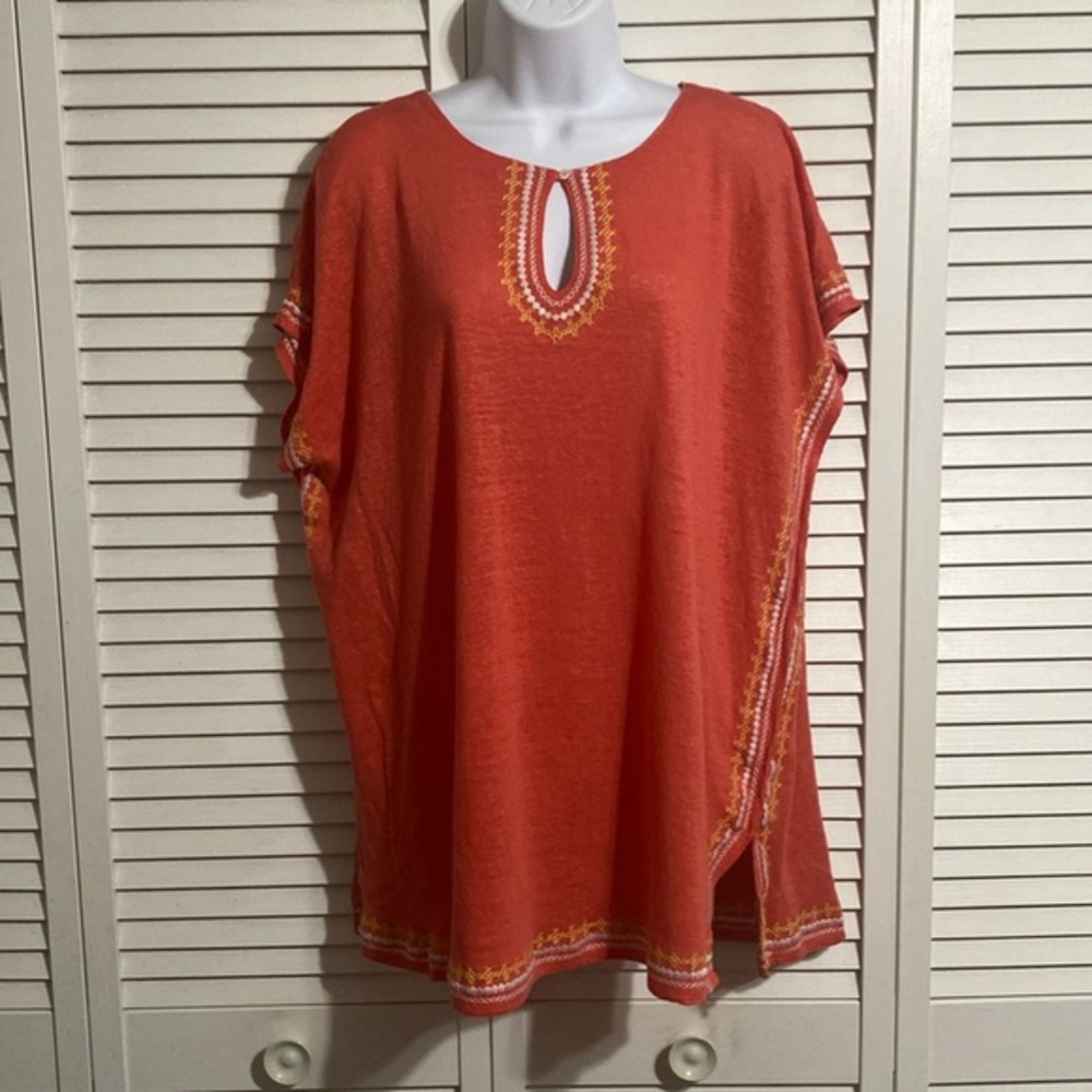 J. Jill Love Linen‎ Blouse Womens Size Medium Lagenlook Multi Color Keyhole